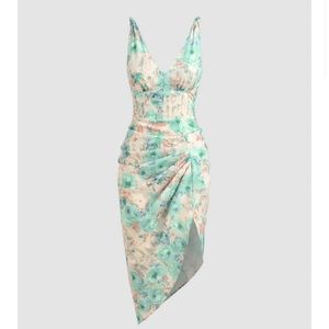Illusion floral ruched midi dress